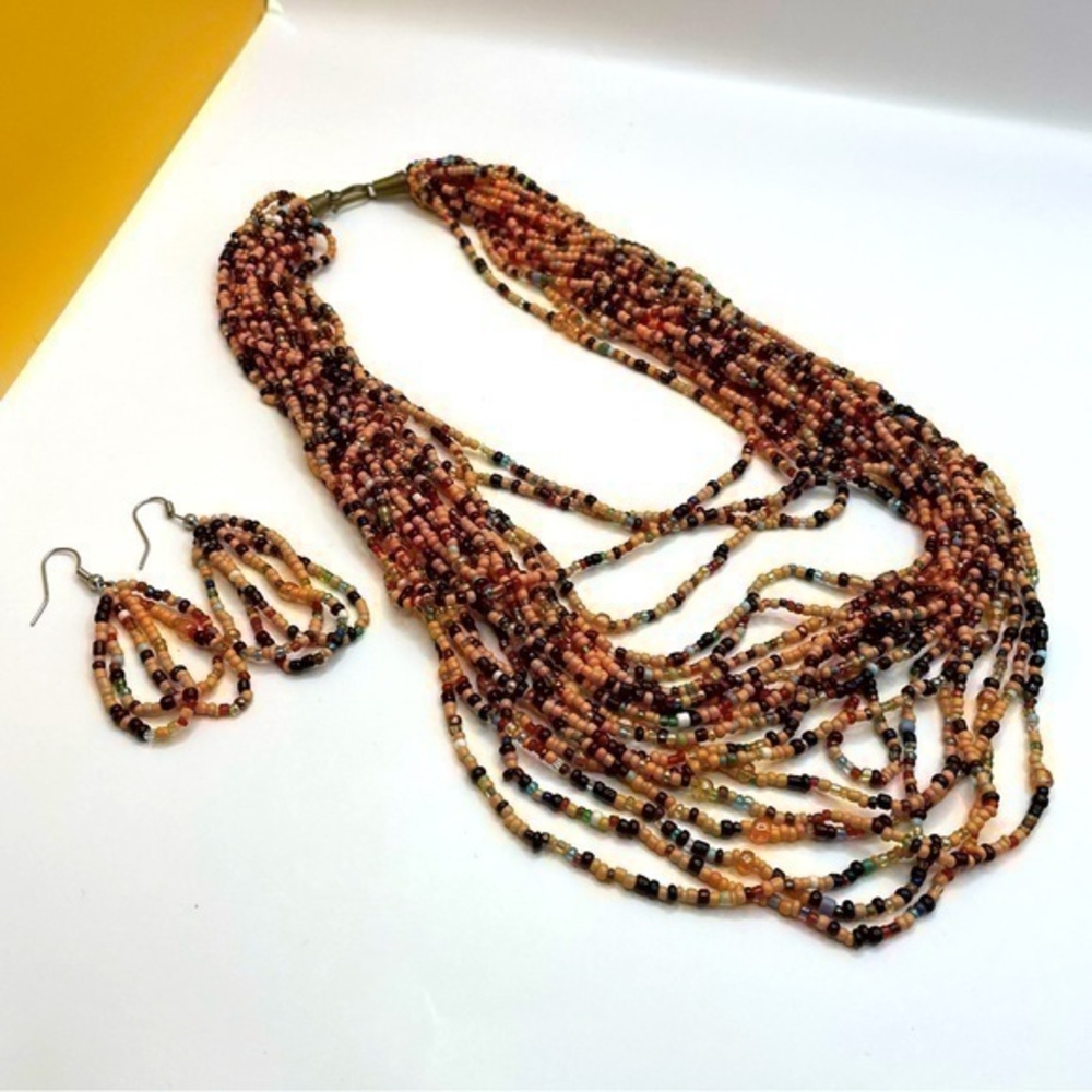 African Jewelry Necklace Earrings Artisan Set Kenyan Kenya Beaded Black Orange